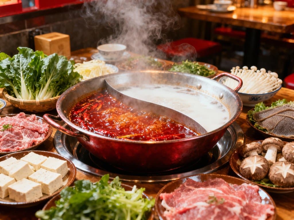 Sichuan hot pot with red and white broth sides