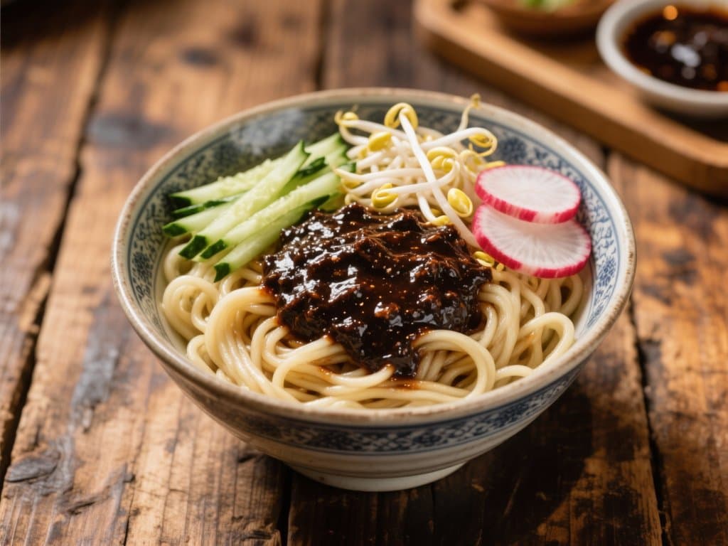 Bowl of zhajiangmian at a hutong noodle shop