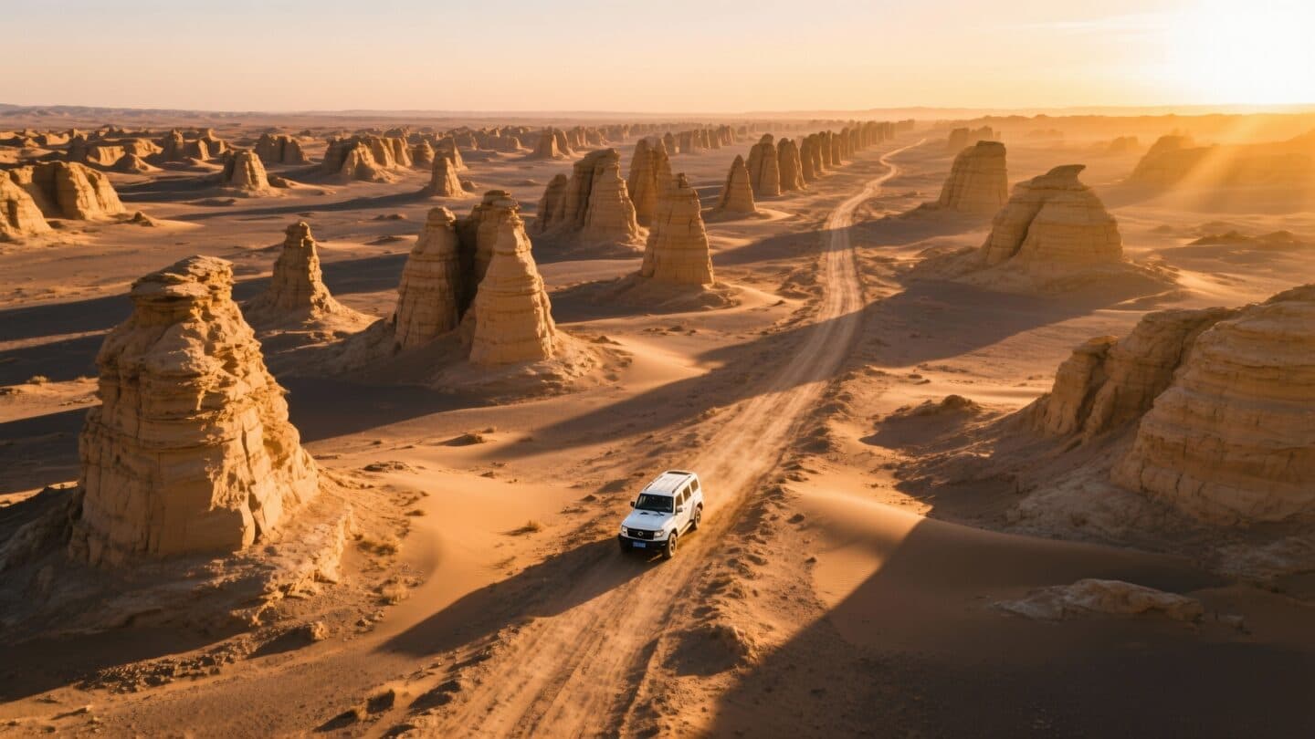 Aerial drone view of the vast Dahaidao yardang landscape with a lone vehicle