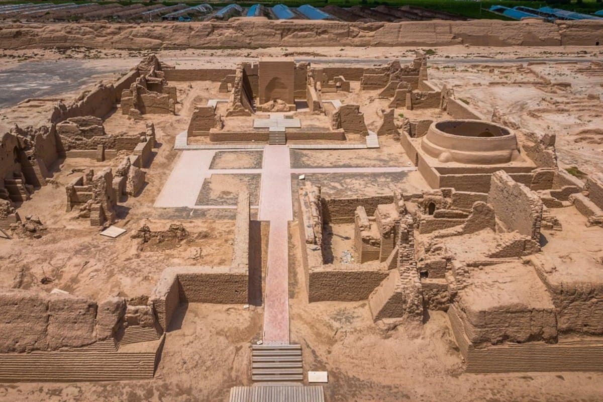 Crumbling ruins of Gaochang ancient city with desert landscape