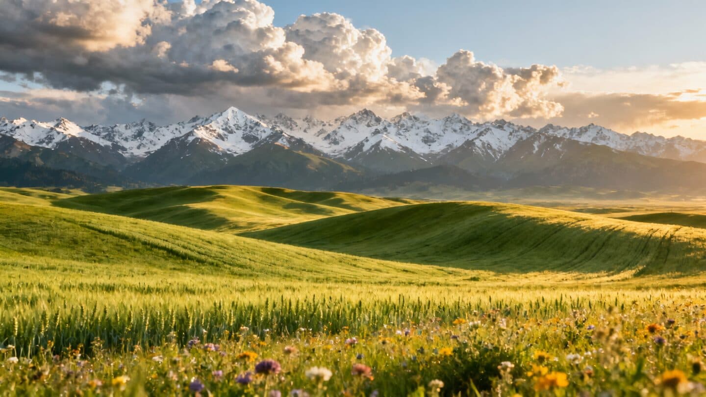 Panoramic view of Jiangbulake rolling wheat fields with Tianshan peaks
