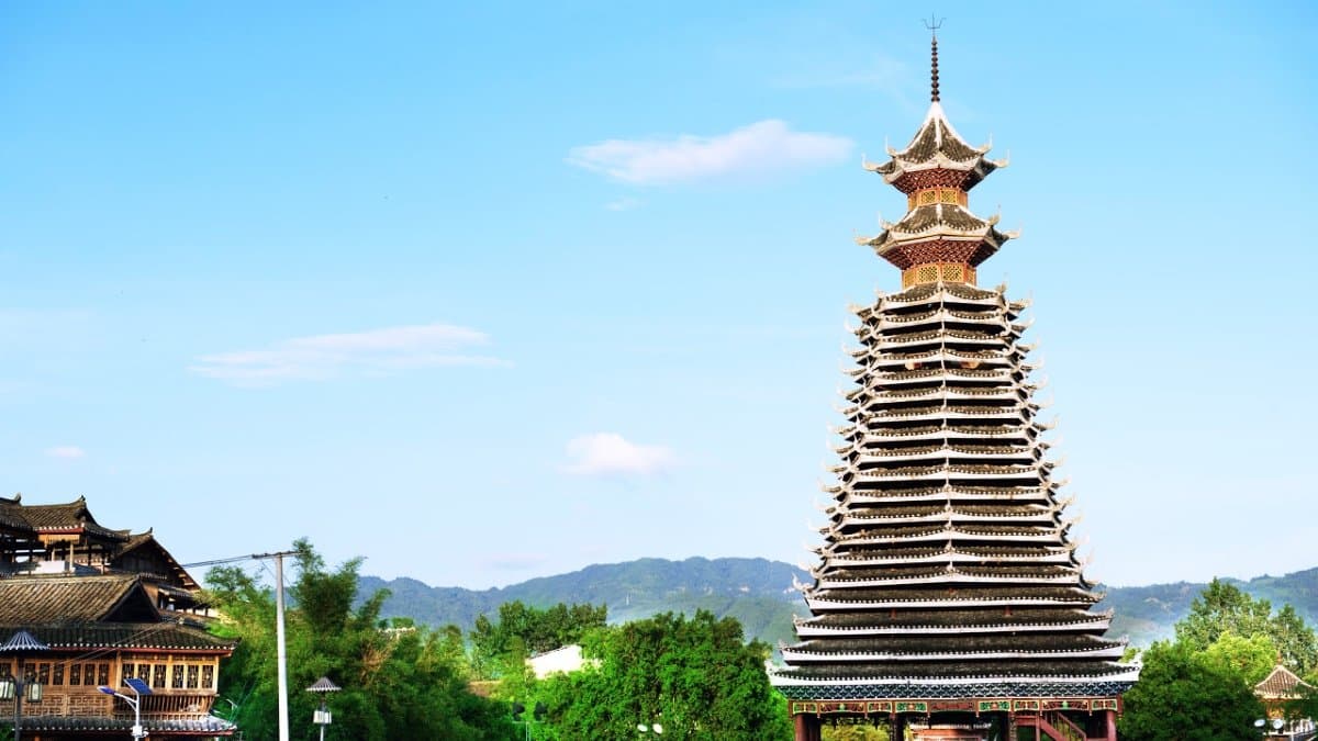 Sanbao Dong village with traditional wooden drum tower