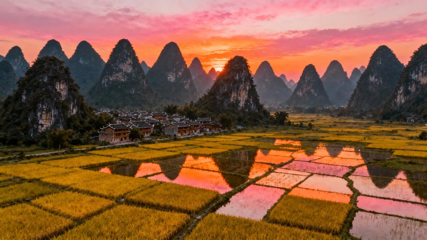 Wanfenglin karst peaks at sunset with golden rice paddies