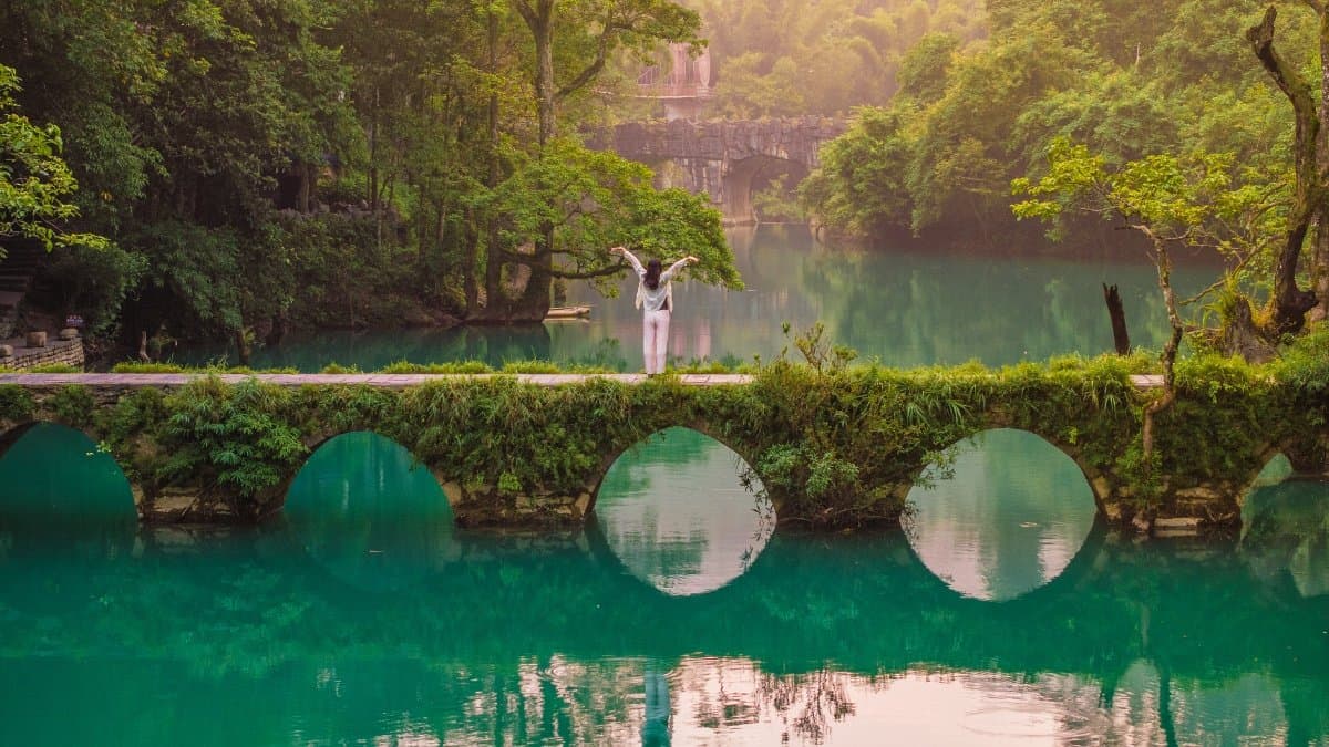 Emerald green pools at Xiaoqikong scenic area