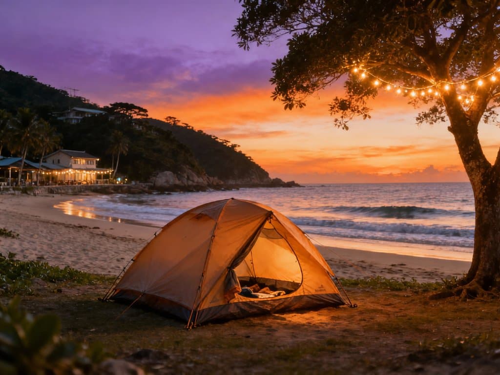 Camping at Sai Wan Village with ocean sunset