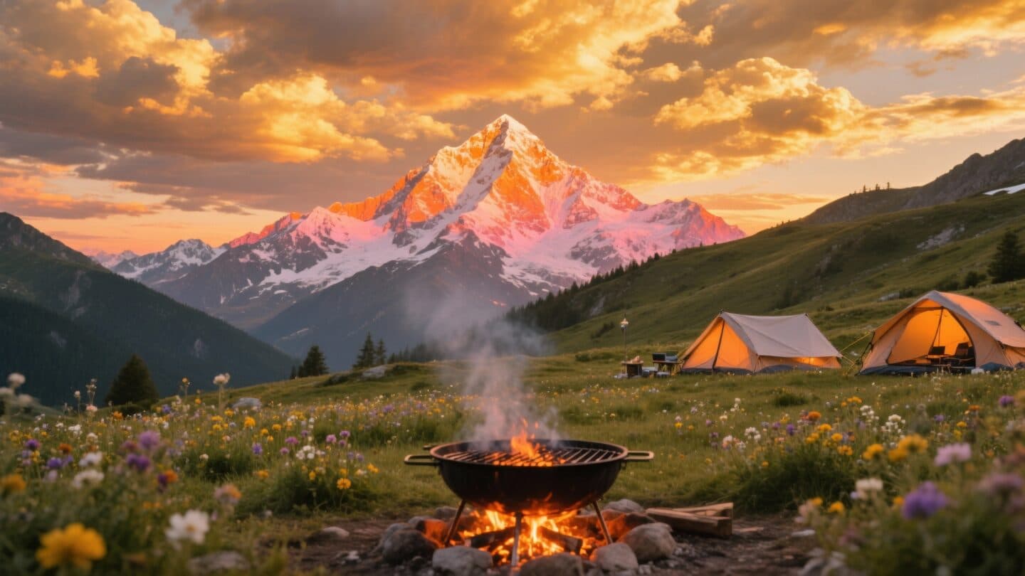 Haba Snow Mountain at golden hour from the campsite
