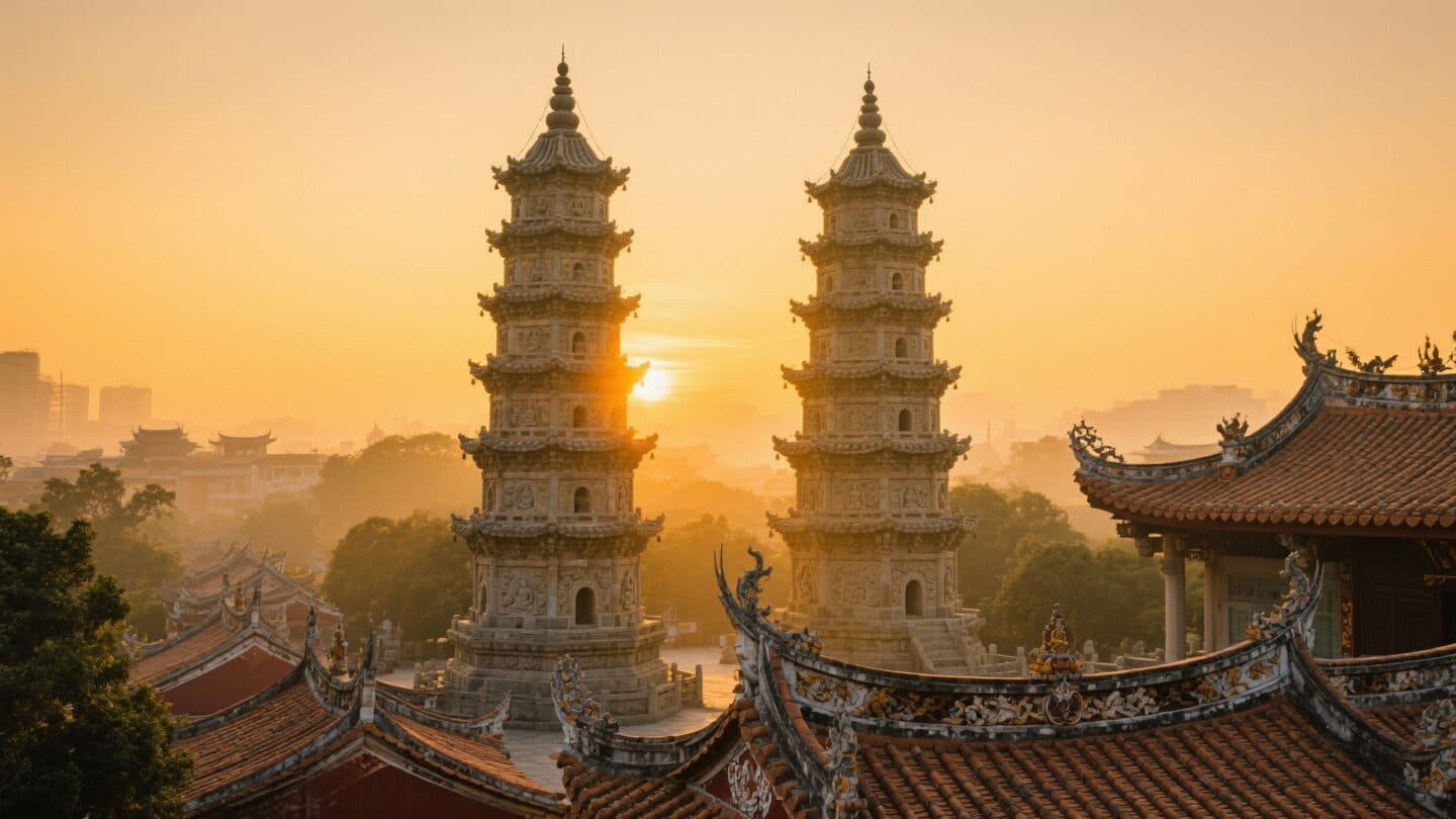 Twin stone pagodas of Kaiyuan Temple at golden hour