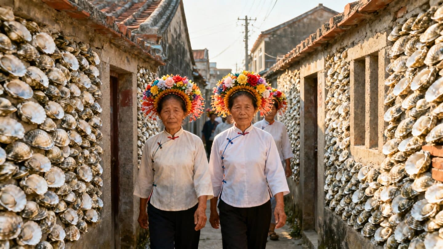 Xunpu women walking through oyster shell house alleys wearing flower crowns