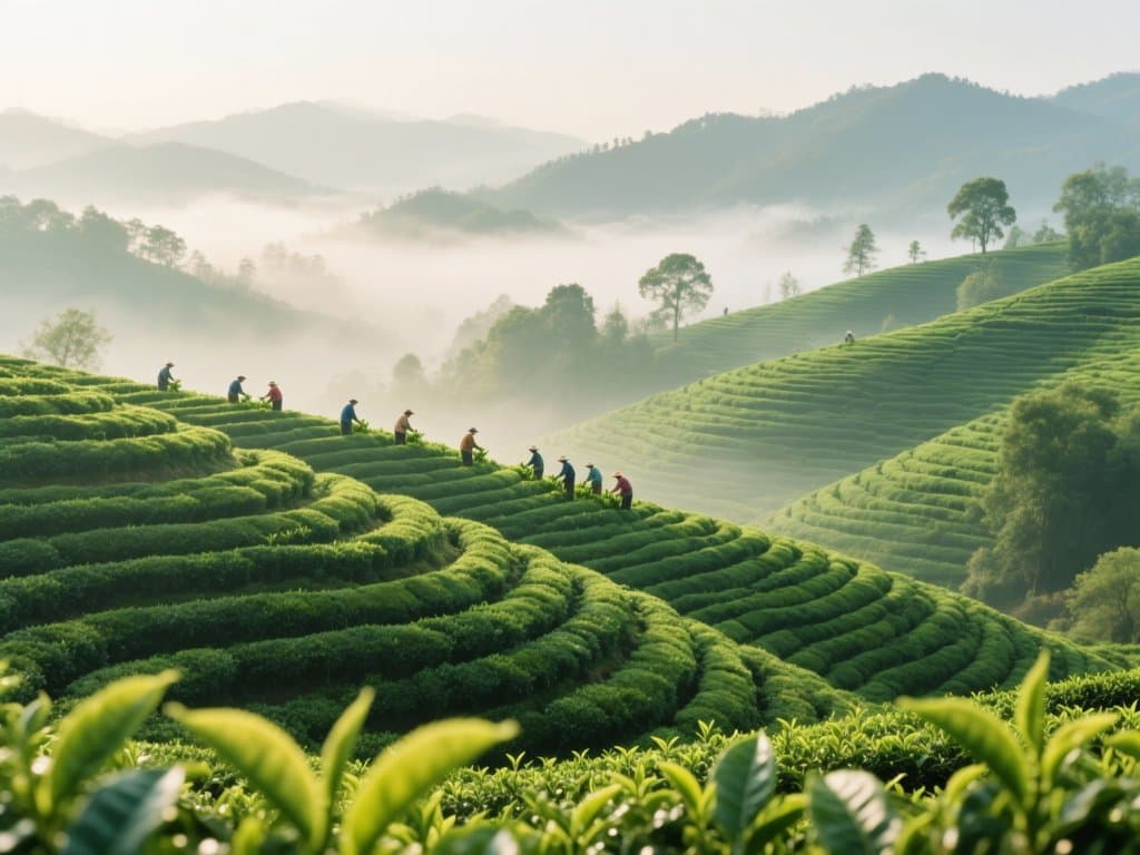 Rows of Longjing tea bushes on hillside with farmer
