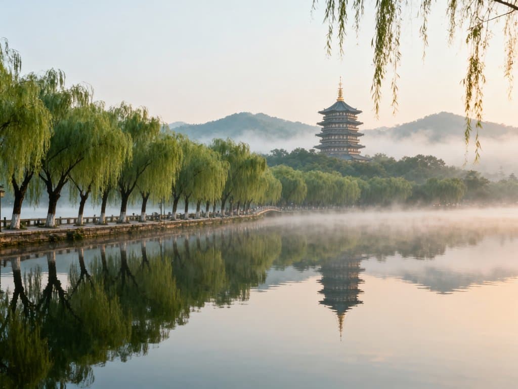 Walking path along West Lake with weeping willows