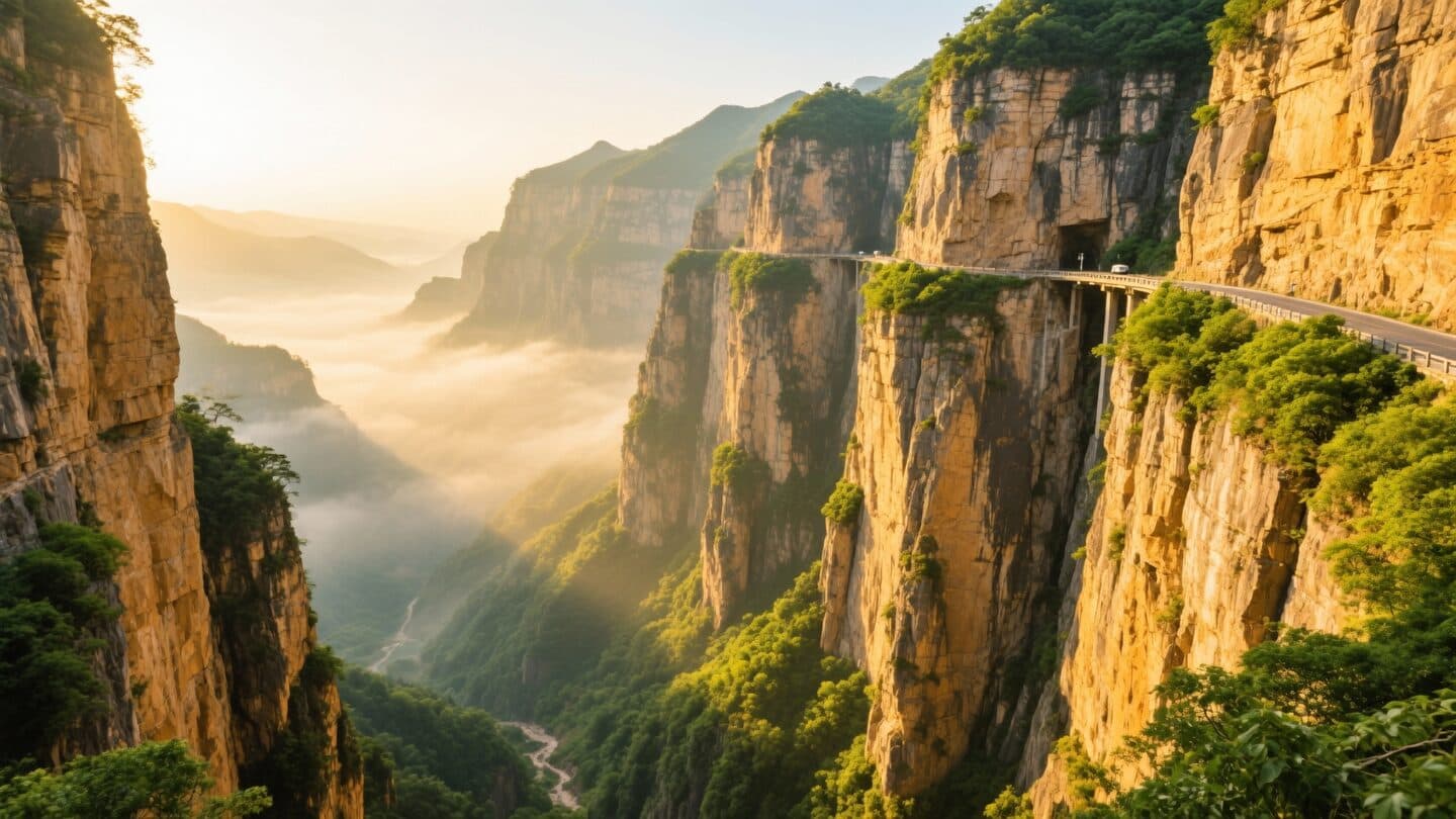 South Taihang mountain cliffs with cliff-hanging road visible in the distance