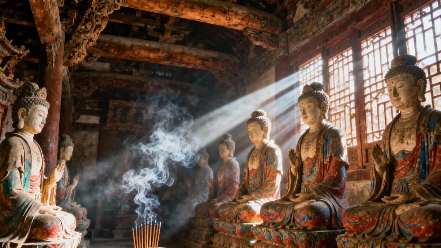 Atmospheric interior of ancient Chinese temple with painted sculptures lit by natural light